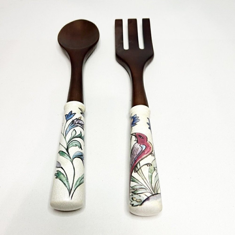 Wooden Salad Serving Fork Spoon Set w/ Porcelain Floral/Bird Handles 13"